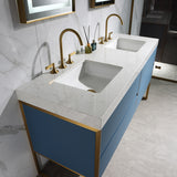 Trendy bathroom furniture luxury prussian blue free standing bathroom cabinet with basin and led mirror vanity set